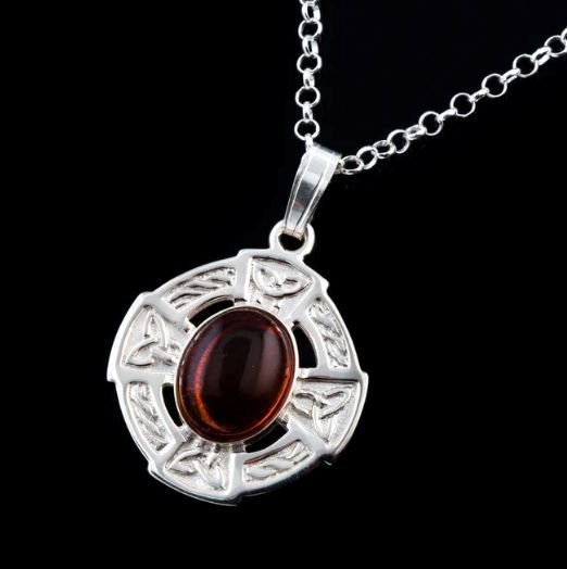 Image 0 of Celtic Cross Amber Oval Design Sterling Silver Pendant