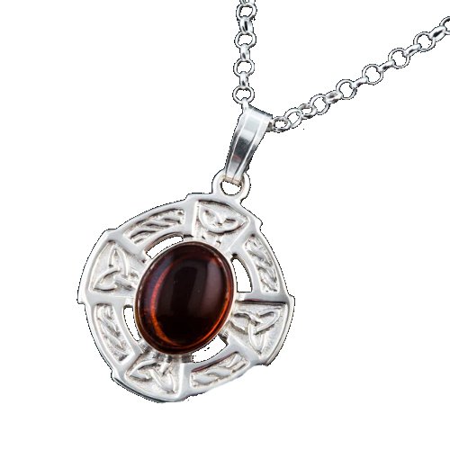 Image 1 of Celtic Cross Amber Oval Design Sterling Silver Pendant