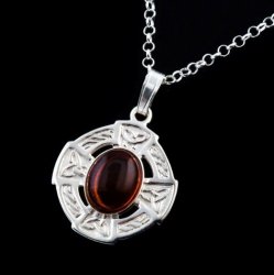 Celtic Cross Amber Oval Design Sterling Silver Pendant