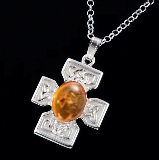 Image 0 of Celtic Cross Amber Square Design Medium Sterling Silver Pendant