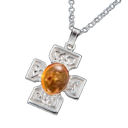 Image 1 of Celtic Cross Amber Square Design Medium Sterling Silver Pendant