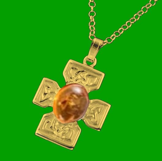 Image 0 of Celtic Cross Amber Square Design Medium 9K Yellow Gold Pendant