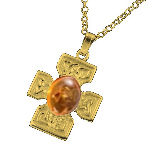 Image 1 of Celtic Cross Amber Square Design Medium 9K Yellow Gold Pendant