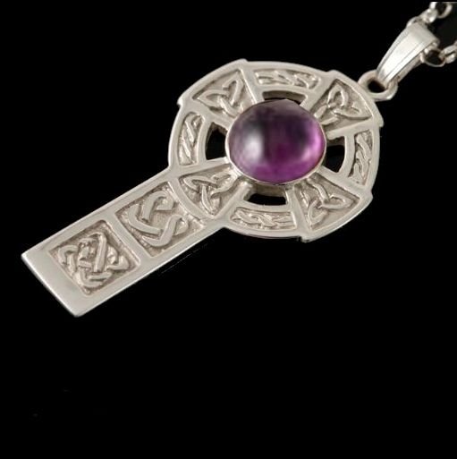 Image 0 of Celtic Cross Round Amethyst Drop Design Sterling Silver Pendant