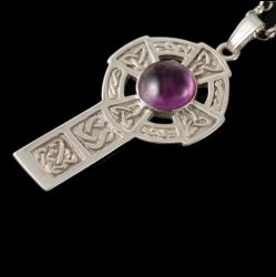 Celtic Cross Round Amethyst Drop Design Sterling Silver Pendant