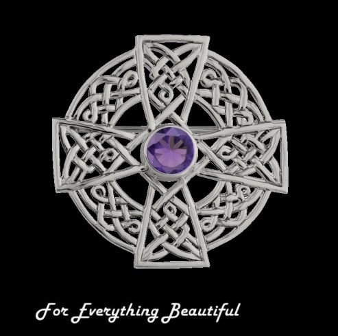 Image 2 of Celtic Purple Amethyst Circular Knotwork Design Sterling Silver Brooch