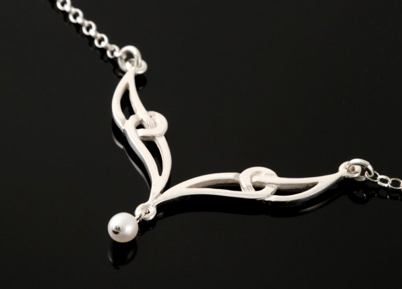 Image 2 of Celtic Elongated Knotwork Freshwater Pearl Sterling Silver Necklet