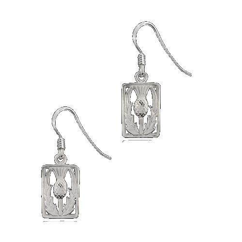 Image 1 of Scotland Thistle Floral Emblem Rectangular Sterling Silver Hook Earrings