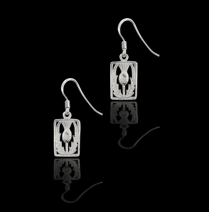 Image 2 of Scotland Thistle Floral Emblem Rectangular Sterling Silver Hook Earrings
