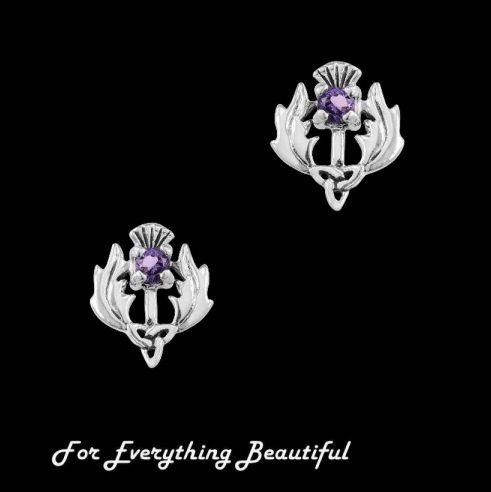 Image 0 of Scottish Thistle Amethyst Trinity Knot Sterling Silver Stud Earrings