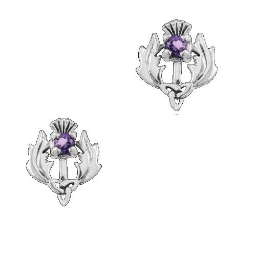 Image 1 of Scottish Thistle Amethyst Trinity Knot Sterling Silver Stud Earrings