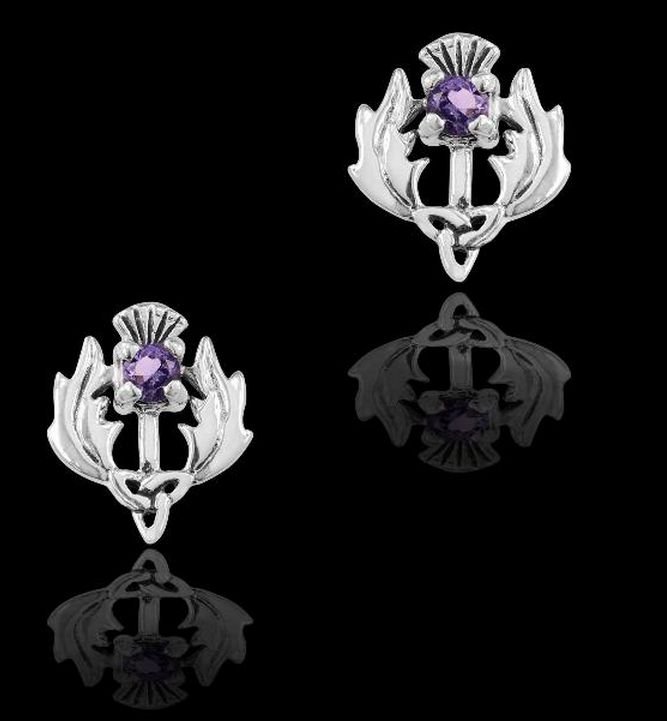 Image 2 of Scottish Thistle Amethyst Trinity Knot Sterling Silver Stud Earrings