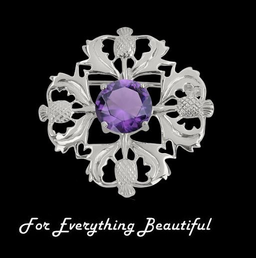 Image 0 of Scottish Thistle Purple Amethyst Floral Emblem Design Sterling Silver Brooch