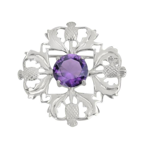 Image 1 of Scottish Thistle Purple Amethyst Floral Emblem Design Sterling Silver Brooch