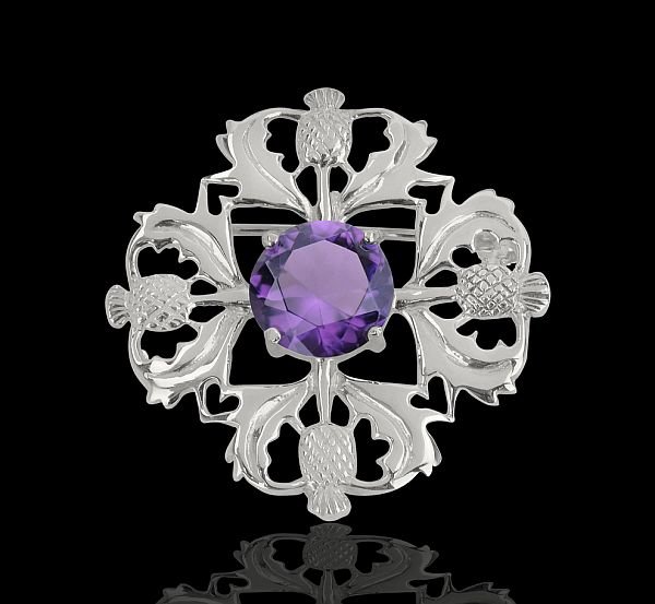 Image 2 of Scottish Thistle Purple Amethyst Floral Emblem Design Sterling Silver Brooch
