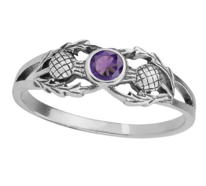 Image 1 of Scottish Thistle Purple Crystal Ladies Sterling Silver Ring Band Sizes 6-10