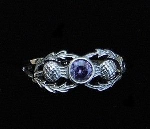 Image 2 of Scottish Thistle Purple Crystal Ladies Sterling Silver Ring Band Sizes 6-10