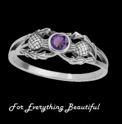 Scottish Thistle Purple Crystal Ladies Sterling Silver Ring Band Sizes 6-10