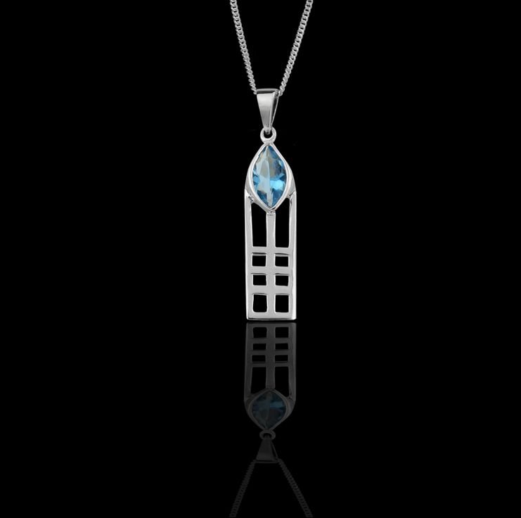 Image 1 of Mackintosh Aquamarine Art Nouveau Drop Sterling Silver Pendant