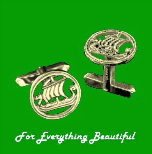 Image 0 of Viking Long Ship Norse Circular Design 9K Yellow Gold Mens Cufflinks