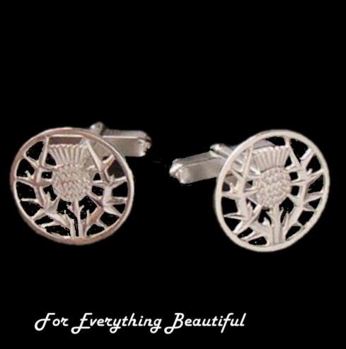 Image 0 of Scottish Thistle Design Round Mens Sterling Silver Cufflinks