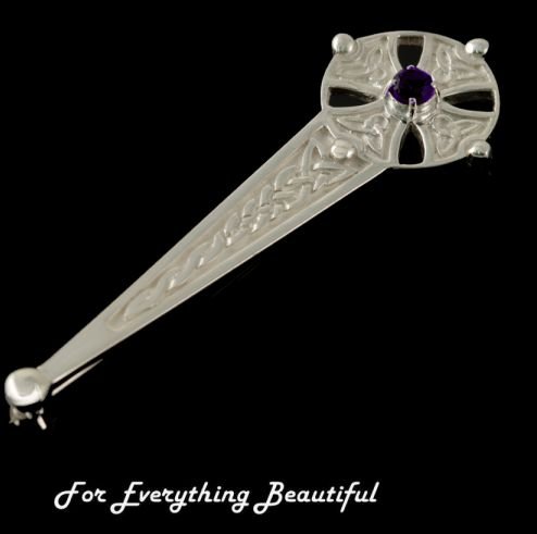 Image 0 of Celtic Cross Knotwork Purple Amethyst Sterling Silver Kilt Pin