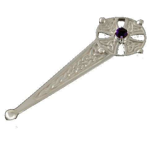 Image 1 of Celtic Cross Knotwork Purple Amethyst Sterling Silver Kilt Pin