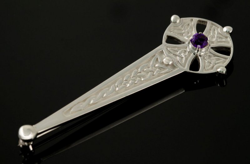 Image 2 of Celtic Cross Knotwork Purple Amethyst Sterling Silver Kilt Pin