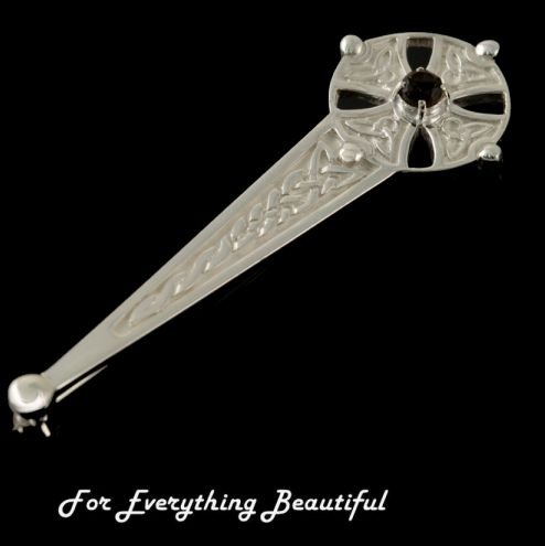 Image 0 of Celtic Cross Knotwork Smokey Quartz Sterling Silver Kilt Pin