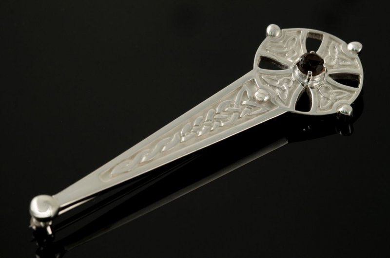 Image 2 of Celtic Cross Knotwork Smokey Quartz Sterling Silver Kilt Pin