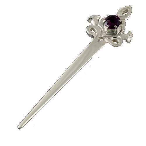 Image 1 of Scottish Thistle Purple Amethyst Sterling Silver Kilt Pin