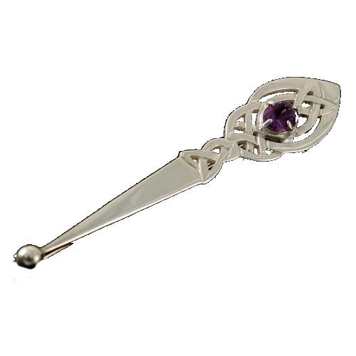 Image 1 of Celtic Leaf Knotwork Purple Amethyst Sterling Silver Kilt Pin