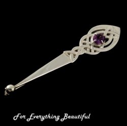 Celtic Leaf Knotwork Purple Amethyst Sterling Silver Kilt Pin