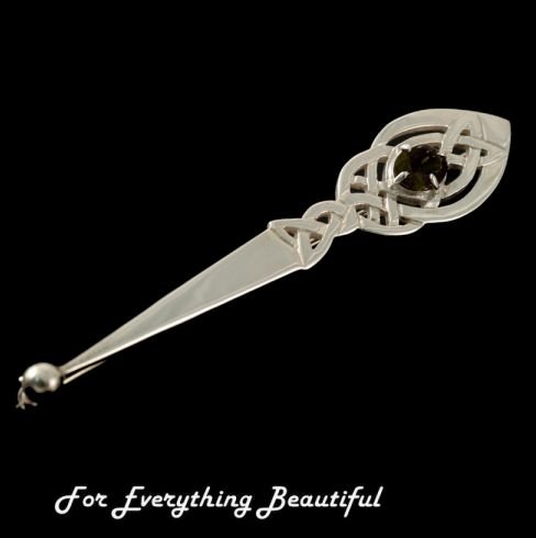 Image 0 of Celtic Leaf Knotwork Smokey Quartz Sterling Silver Kilt Pin