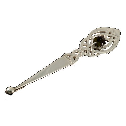 Image 1 of Celtic Leaf Knotwork Smokey Quartz Sterling Silver Kilt Pin