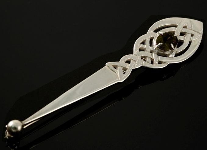 Image 2 of Celtic Leaf Knotwork Smokey Quartz Sterling Silver Kilt Pin
