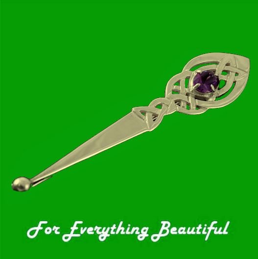 Image 0 of Celtic Leaf Knotwork Purple Amethyst 9K Yellow Gold Kilt Pin