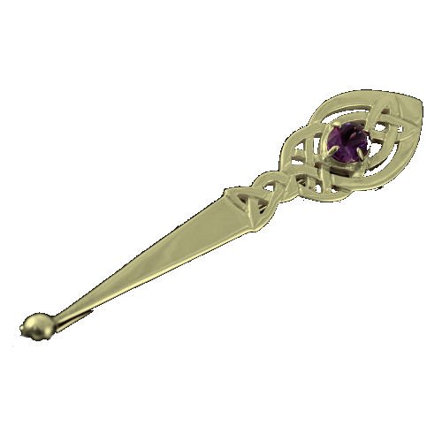 Image 1 of Celtic Leaf Knotwork Purple Amethyst 9K Yellow Gold Kilt Pin