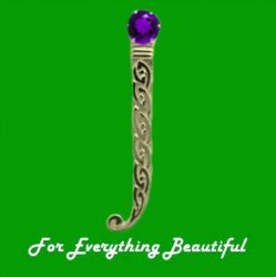 Celtic Knotwork Curled Tail Purple Amethyst 9K Yellow Gold Kilt Pin