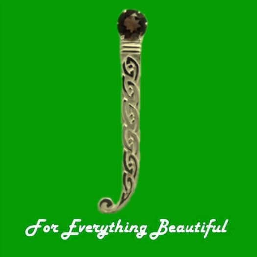 Image 0 of Celtic Knotwork Curled Tail Smokey Quartz 9K Yellow Gold Kilt Pin 