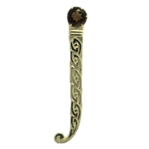 Image 1 of Celtic Knotwork Curled Tail Smokey Quartz 9K Yellow Gold Kilt Pin 