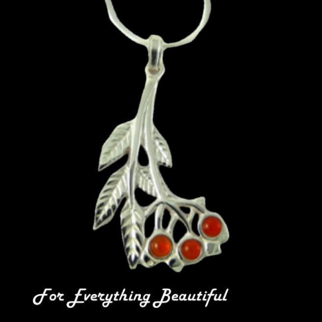 Image 0 of Rowan Tree Leaf Branch Cornelian Beads Sterling Silver Pendant