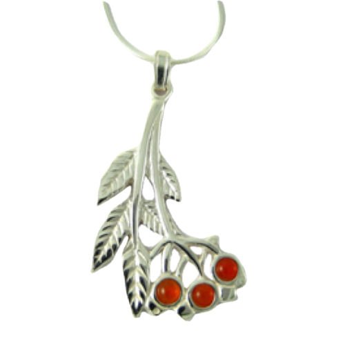 Image 1 of Rowan Tree Leaf Branch Cornelian Beads Sterling Silver Pendant