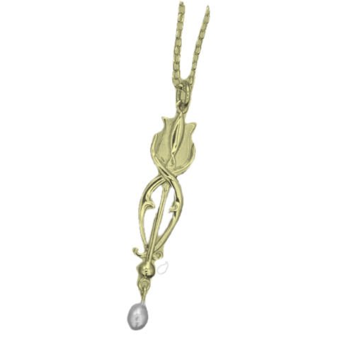 Image 1 of Art Nouveau Tulip with Pearl Design 9K Yellow Gold Pendant