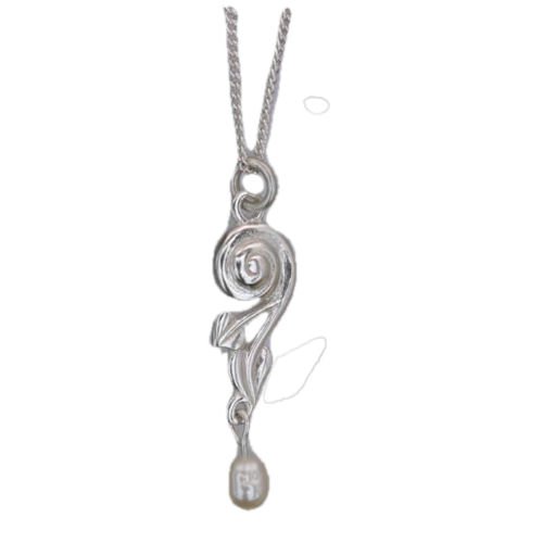 Image 1 of Art Nouveau Leaf Swirl Pearl Sterling Silver Pendant