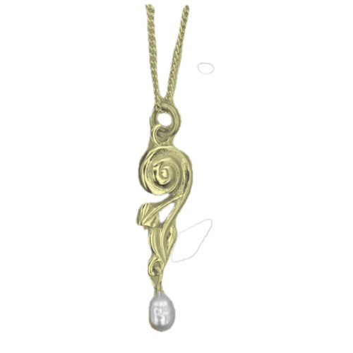 Image 1 of Art Nouveau Leaf Swirl Pearl 9K Yellow Gold Pendant