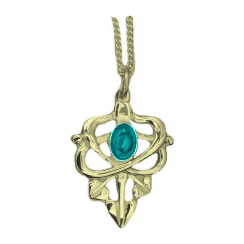 Image 1 of Art Nouveau Leaf Turquoise Design 9K Yellow Gold Pendant