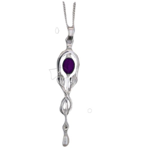 Image 1 of Art Nouveau Amethyst Pearl Drop Sterling Silver Pendant