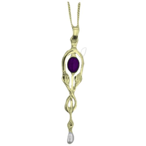 Image 1 of Art Nouveau Amethyst Pearl Drop 9K Yellow Gold Pendant