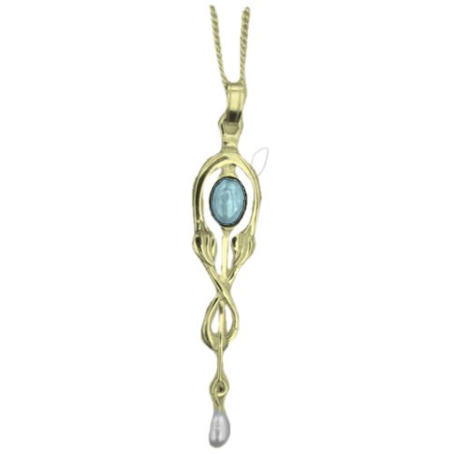 Image 1 of Art Nouveau Blue Moonstone Pearl Drop Gold Pendant